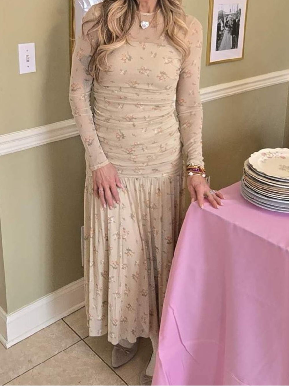 Lulu's Cream Floral Mesh Long-Sleeve Maxi Dress